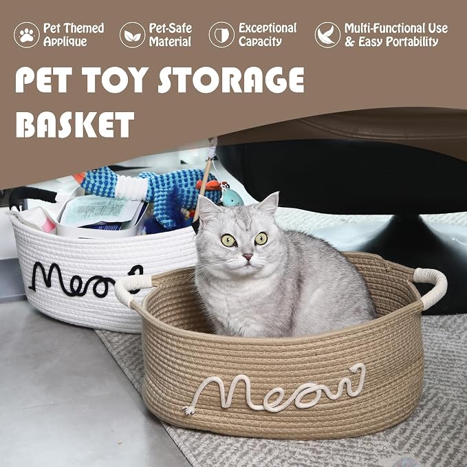 Sea Team Cat Toy Storage Basket with Handles, Beige Meow | Large Cotton Rope Storage Bin, Shelf Basket, Organizer for Pet Chew Toys, Foods, 16.5 x 11 x 7 Inches, 4.4 Gallons
