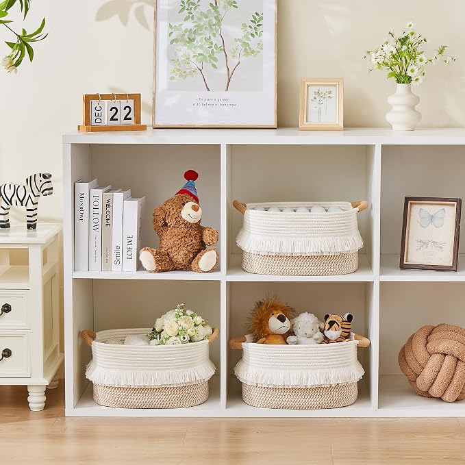 Storage Basket, Woven Baskets for Shelves, White/Brown | 3 Pack Boho Cotton Rope Storage Baskets, 14" x 9" x 8", Home Organizer for Nursery, Holds Toys, Books & Towels