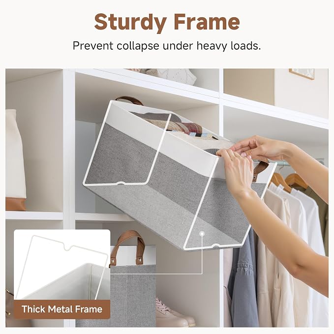 StorageWorks Fabric Storage Bin, Closet Bins, Gray and White, Large, 2-Pack | With Reinforced PU Handles, Metal Frame, Collapsible, Storage Basket for Shelves, Closet, Holds Clothes, Towels, Blankets
