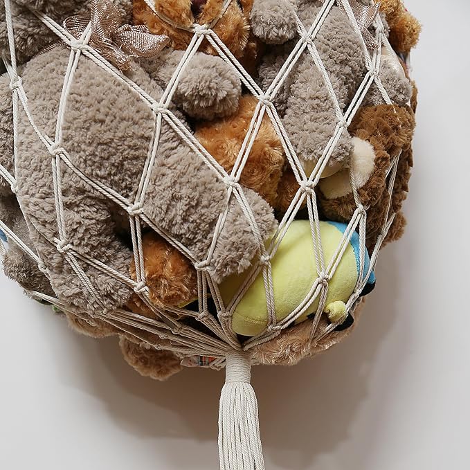 Amdermi Stuffed Animal Net or Hammock Wall Hanging Net Over Door Organizer for Stuffies Plush Toy Storage Boho Macrame Toy Display Nursery Bedroom Decor Stuffy Animal Toy Organizer (Cream)