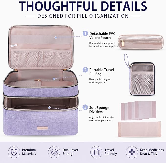 Lexeeco Travel Medicine Pill Bottle Organizer Bag with Portable Small Pouch | Medication Case with Lockable Zipper for Pill,Vitamin,Medicine Storage Box for College Dorm Student,Home,First Aid Bag Empty