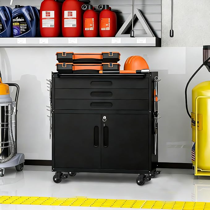 Metal Storage Cabinet for Garage, Tool Cabinet, Utility Cabinet | Wheeled, Rolling Tool Cabinet, 3 Drawers, 2 Doors Lockable, Top Countertop, Pegboard, Assembly Required, Black