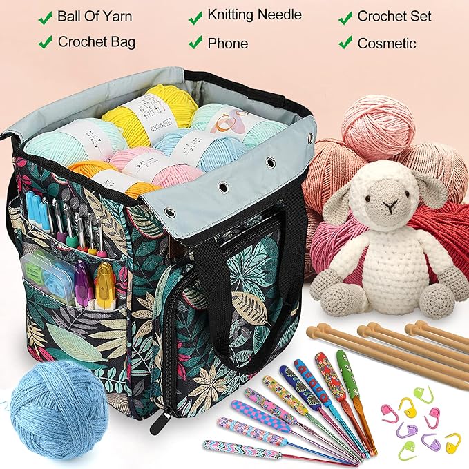 Coopay Crochet Bag w/Shoulder Strap, Yarn Bag Knitting Tote Bag-Forest | Portable Traveling Crochet for Crocheter, Large Capacity Storage Crochet Supplies Yarn Organizers Unfinished Project