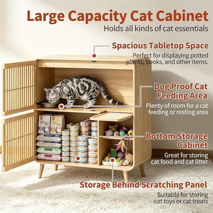 Dog Proof Cat Feeding Station, Cat Feeder Station, Pet Food Storage Natural | Raised Bowls for Indoor Cats, Elevated Food Bowls with Stand, Cat Scratching Board, 2 Stainless Steel Bowls