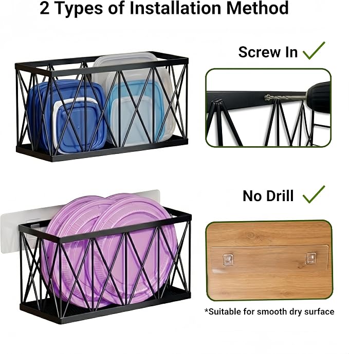 4 Pack Cabinet Door Organizer, Adhesive Inside Cabinet Door Storage for Kitchen Bathroom, Lid Organizer Compatible with Tupperware Pyrex, Wall Mounted Basket for Pantry Under Sink, Black
