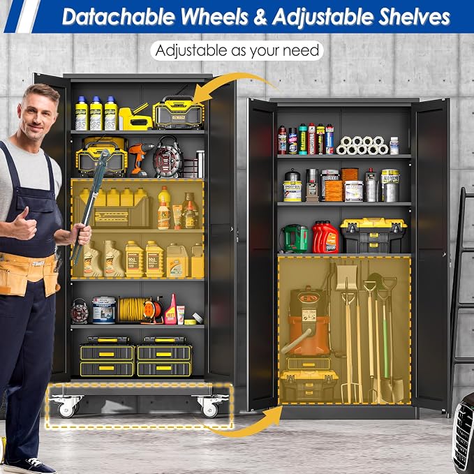 GAIOUS Metal Garage Storage Cabinet with Lock, Steel Tool Cabinet with 2 Doors and 5 Adjustable Shelves, 75” Tall Lockable File Cabinet with Wheels, Organization for Home Office Garage Gym - Black