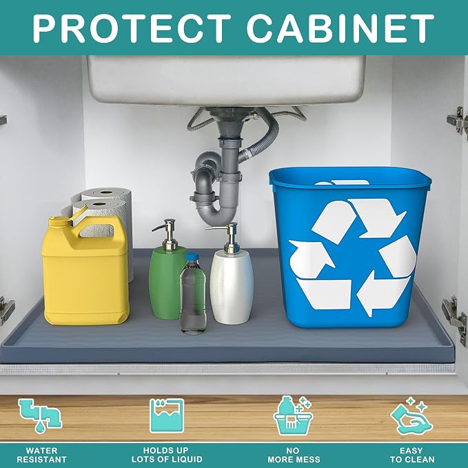 URMONA Waterproof Silicone Under Sink Mat 28'' x 19'' Shelf Liner for Kitchen and Bathroom, Cabinet and Counter Protector, Storage and Organizers, Litter Mat, Pet Cat Puppy Essentials(Navy)