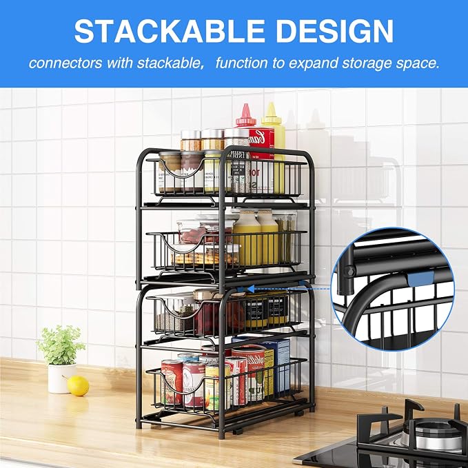 2-Tier Pull Out Organizer Under Sink Sliding Cabinet Rack,Black | Stackable Sliding Storage Drawer organizer with adjustable height and anti slip pad. Kitchen,Office or Cabinet Storage