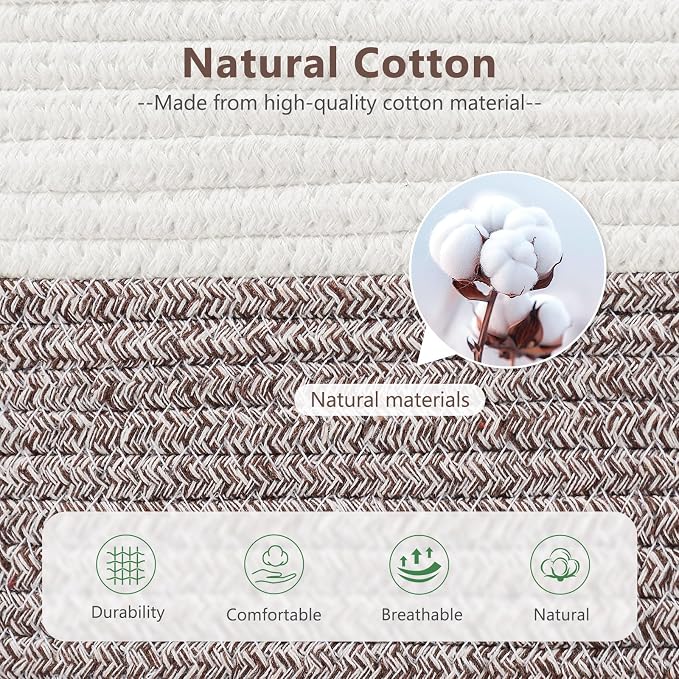 ECDYQXVU 15x10x9 Woven Cotton Rope Storage Basket, Leather Handles 2 Pack | Foldable Design, Sturdy PU Handles, Easy to Clean Organizer for Living Room, Closet, Shelves, Bedroom, Laundry, Clothes