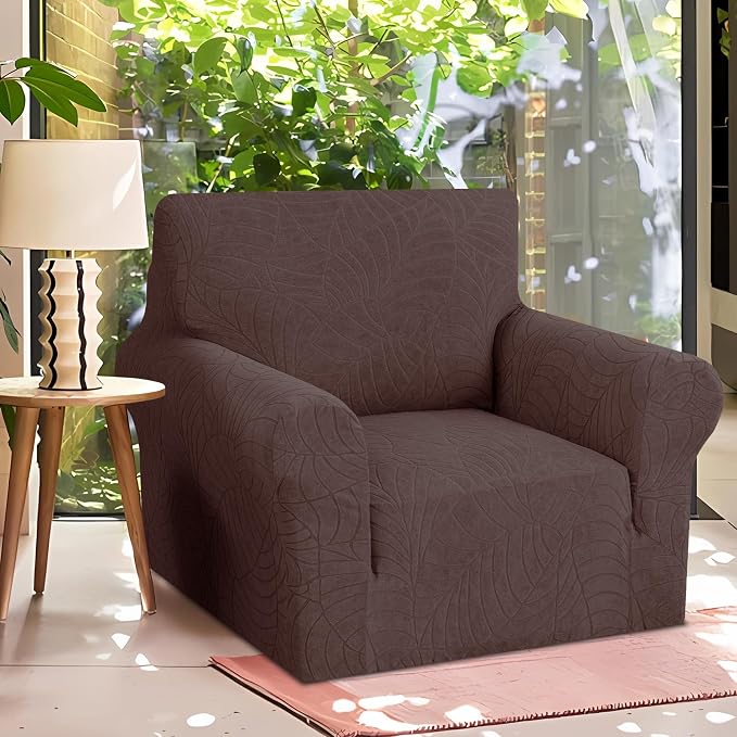 YEMYHOM Couch Cover Latest Jacquard Design High Stretch Sofa Chair Covers for Living Room, Pet Dog Cat Proof Armchair Slipcover Non Slip Magic Elastic Furniture Protector (Small, Begonia Leaf Coffee)