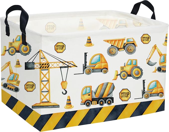 Essme Rectangular Kids Baskets,Car Storage Basket with Handles for Boys Room Decor,Vehicle Storage Bin（Engineering Vehicle）