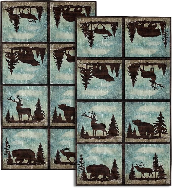 Giwawa Vintage Bear Deer Hand Towel Set of 2, Forest Wildlife Elk Moose Tree Facerag Super Soft Face Towel for Bathroom Kitchen Adult Man