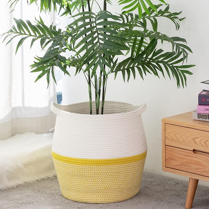 KAKAMAY Woven Baskets for Storage(17"x17"),Large Cotton Rope Woven Baby Laundry Hamper,Collapsible Laundry Basket, Blanket Basket for Organizing Living Room,Nursery,Pillows,Toy Chest(Yellow)