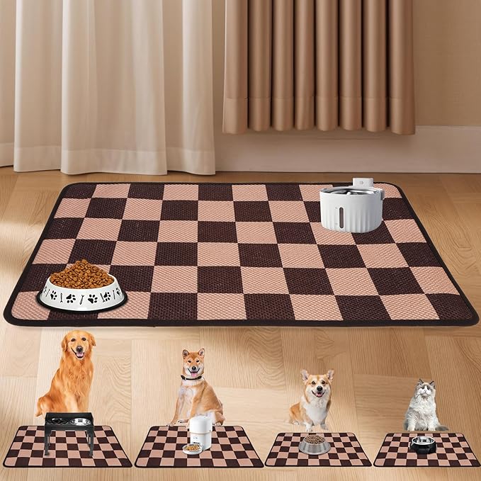 PUPTECK Dog Food Mat, Absorbent Pet Cat Feeding Mat for Food and Water Bowls, Anti-Slip Dog Placemat for Floors Waterproof, Pet Supplies Accessories, Brown & Khaki Checkered S