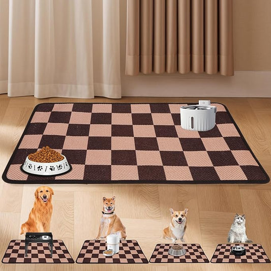 PUPTECK Dog Food Mat, Absorbent Pet Cat Feeding Mat for Food and Water Bowls, Anti-Slip Dog Placemat for Floors Waterproof, Pet Supplies Accessories, Brown & Khaki Checkered S