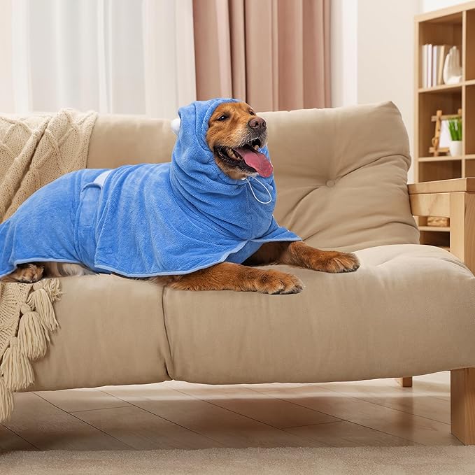Dog Bath Towel Robe - Quick Drying Absorbent Hooded Pet Bathrobe Towel for Bath Grooming Beach Trip Pool - Soft Cozy Adjustable Drying Coat Hoodie for Medium Large Dogs