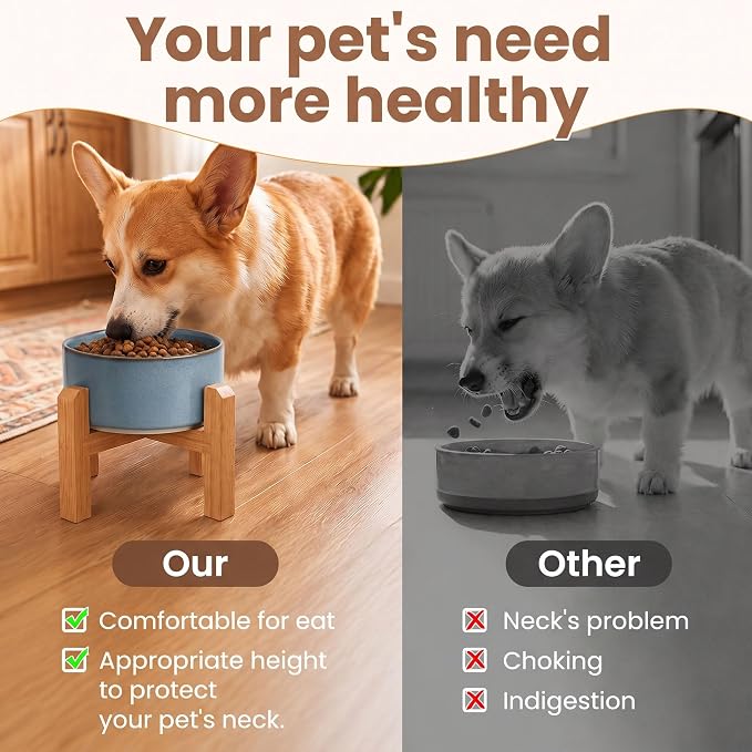 hjn Elevated Ceramic Dog Bowl with Bamboo Stand, Raised Pet Feeding Station for Small Medium Dogs Cats, Modern Design with Anti-Slip Base (Gray Blue, 3.6Cup)