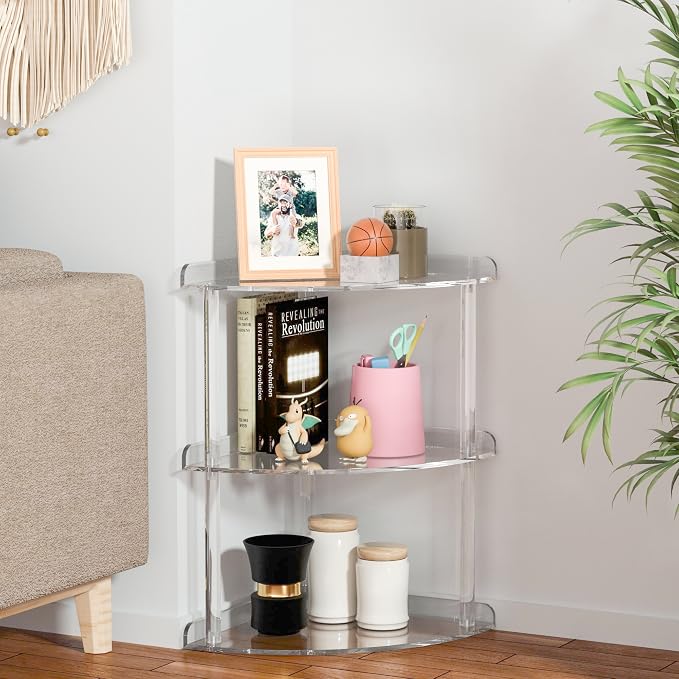 Sezanrpt 3 Tier Acrylic Corner Shelf Organizer Storage 9.5x9.5x15.7 Inch, Transparent Countertop Corner Shelf for Bathroom, Kitchen, Bedroom, Office, Study Room