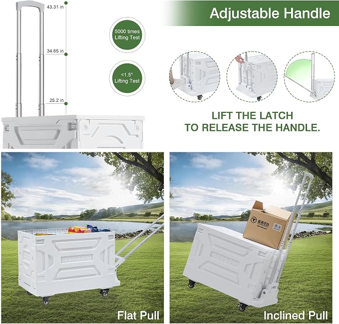 VECELO 23 GAL 2-in-1 Foldable Shopping Cart, Collapsible Utility Cart with Adjustable Handle & 360° Wheels, Dual-Mode Rolling Crate (Basket/Flatbed) for Groceries, Camping, Compact Storage, White