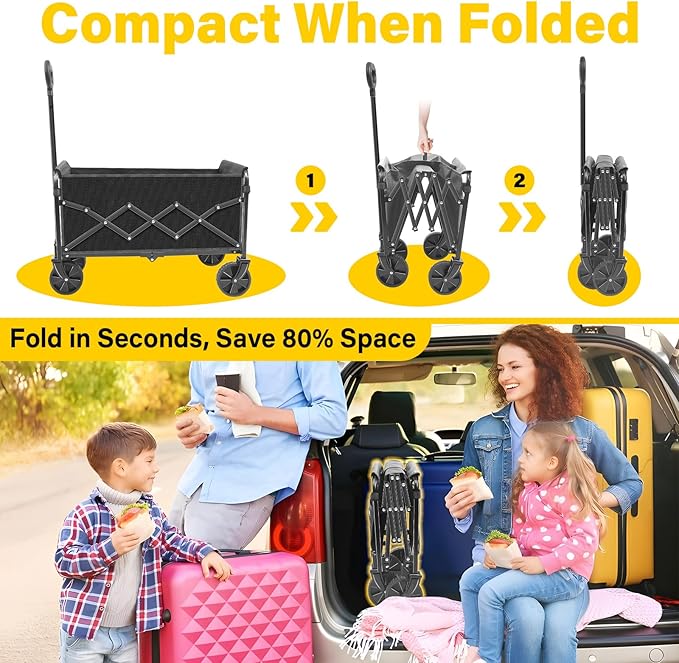 Collapsible Wagon Cart with Wheels, Compact 360 lb Folding Cart,Pitch Black | Portable utility wagon for groceries, shopping, camping, garden, sports, picnics, laundry, apartment errands and small hauls