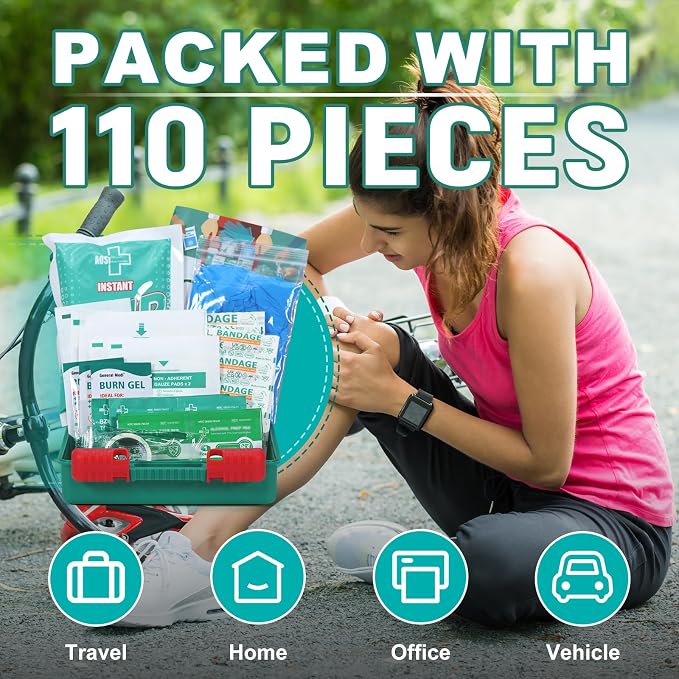 General Medi 110 Pieces Small First Aid Kit - HardCase First Aid Box - Contains Premium Medical Supplies for Travel, Home, Office, Vehicle, Camping, Workplace & Outdoor