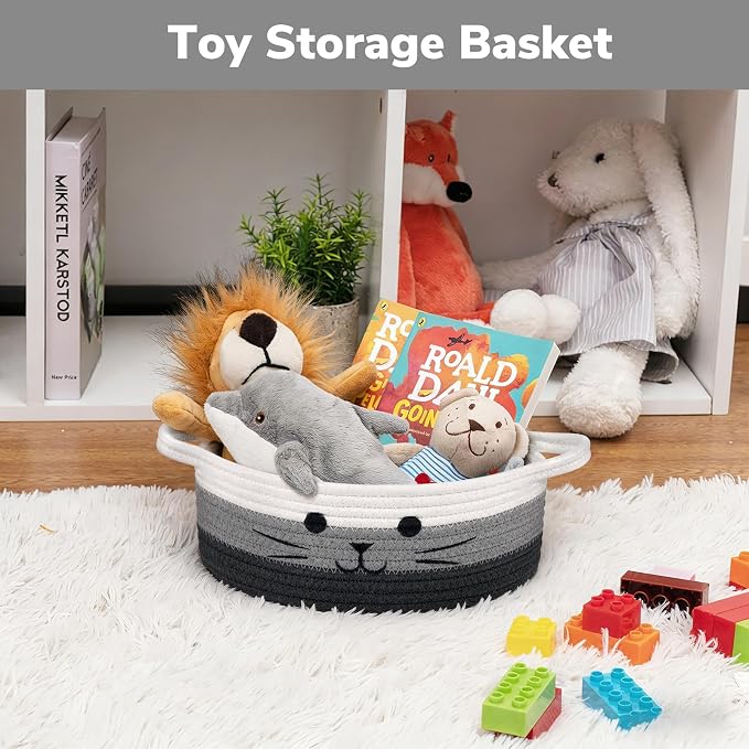 Cute Cat Basket, Small Woven Basket for Cat Toy Storage, 9.8"x4" | Cat Toy Bin With Handles, Decorative Basket for Cats Dogs, Storage Basket for Toys Nursery, Mixed & Grey