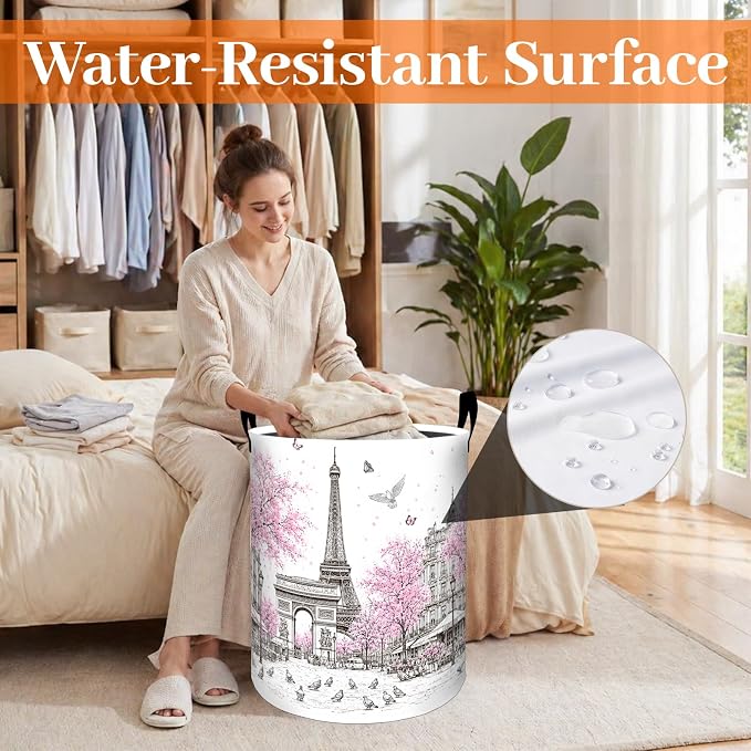 Eiffel Tower Laundry Basket, Paris Street Cherry Blossom Oxford Cloth Dirty Clothes Collapsible Hamper for Room Decor, Travel Gifts, Toy Organizer 19.7 x 15.7 Inches for Bedroom Bathroom Dorm