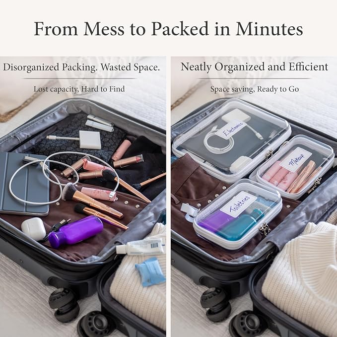 Clear Hard Shell Zipper Case Set (1Large + 2Small), 120s Thick PET Plastic Storage Bags, Dual Zipper Travel Organizer with Star Charms, Removable Strap, Removable Labels & 2 Markers