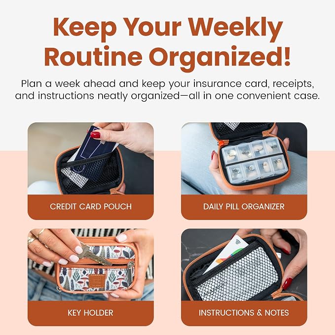 Made Easy Kit Pill Case for Everyday and Travel - 7-Day Weekly Medicine Supplement Vitamin Organizer Sorter Tracker - Neoprene Bag with Pockets - Compact Portable 8 Compartments (Light Brown Woods)