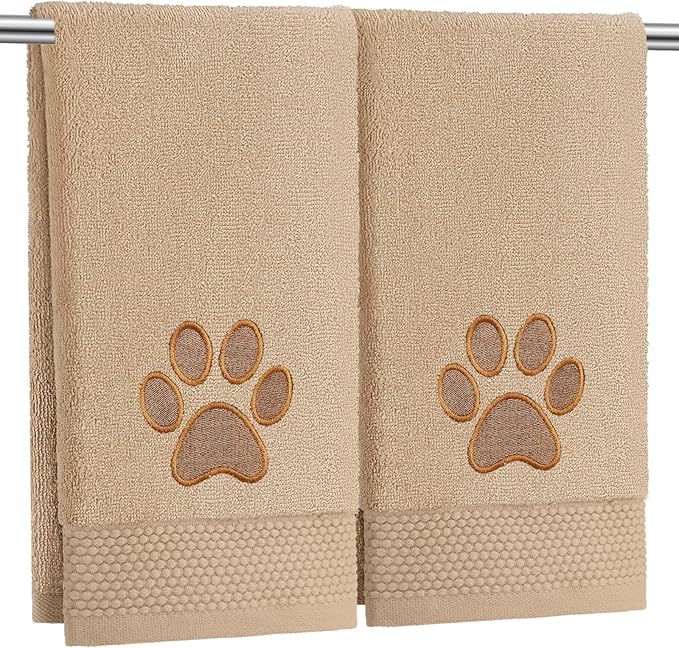 SmoothNovelty 2 Pcs Dog Paw Hand Towels Bathroom Decor 13 x 29 Inch 100% Cotton Embroidered Soft Hand Towels Absorbent Farmhouse for Kitchen Restroom (Brown)