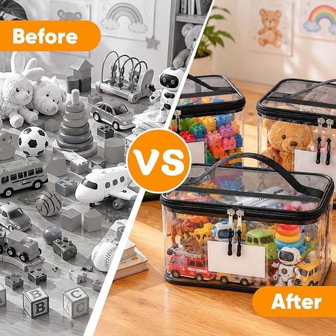 10 Packs Clear Toy Storage Bags with Zippers,Toy Organizers and Storage | Name Tag, Manual Pocket, Travel Portable, Waterproof, Reusable Toy Organizer for Building Blocks, Board Game, Puzzles, Dolls
