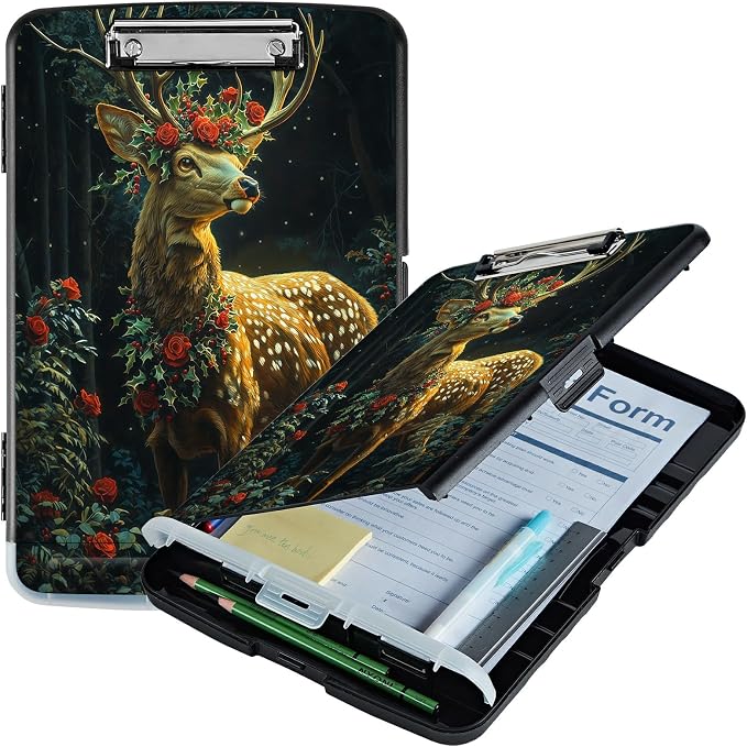 A4 Clipboard with Storage Pen Holder, Clipboards Organizer Nursing Clipboard Foldable File Folder Plastic Clipboard Folio Clip Board for Office Work Classroom Doctor, Rose Forest Deer