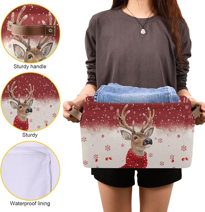 Wamika Christmas Reindeer Storage Basket with Waterproof Liner and PU Handles Winter Snowflake Red Storage Bins Boxes 14.2" Collapsible Decorative Organizer Baskets for Bedroom Closet Office 2 Pack