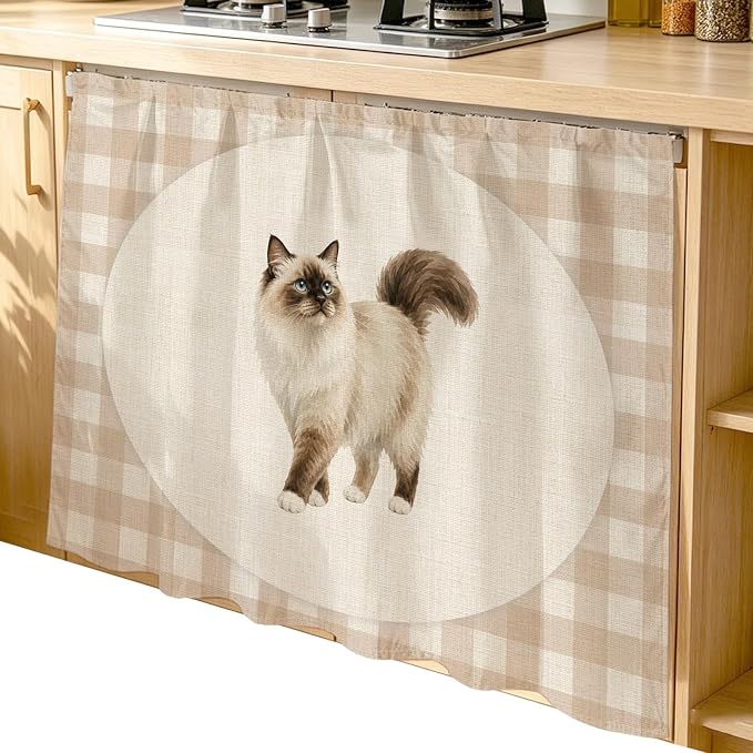 Ragdoll Cat Cabinet Dishwasher Hidden Curtains, Privacy Closet Door Curtain, Vintage Linen Plaid Farmhouse Pet Cats Adhesive Dust Proof Under Sink Skirt for Bathroom Kitchen 35"x35"