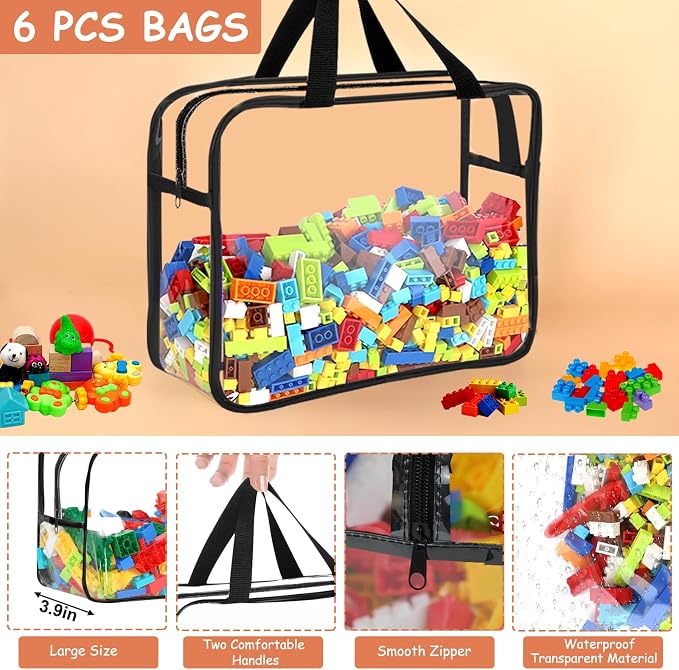 6 Pcs Large Toy Storage Bags Reusable Clear Toy Organizer with Labels | PVC Waterproof Transparent Organizer Bags with Zipper for Building Blocks, Puzzle, Board Games Travel Storage, Save space