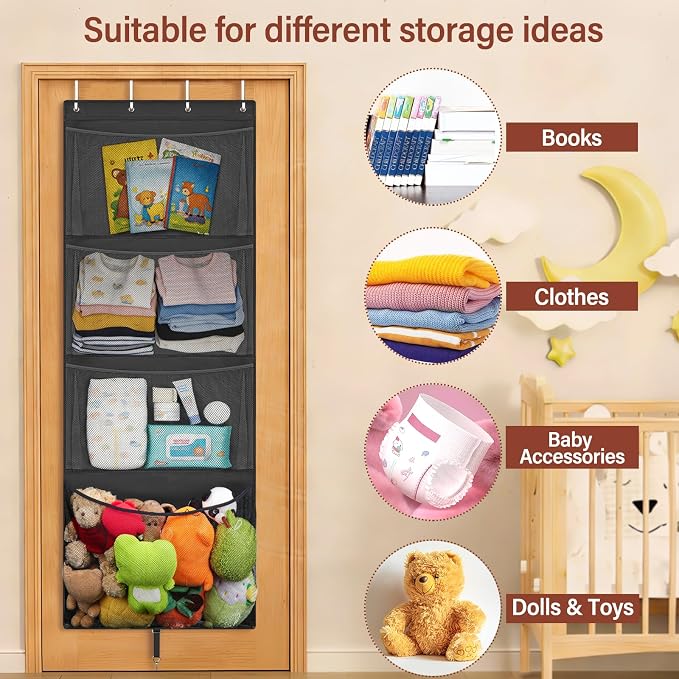 Over Door Stuffed Animal Storage, Hanging Plush Toy Organizer Holder | Behind Door Organizer with 4 Large Pockets, Mesh Hammock Bag for Doll & Bear Stuffies, Idea for Girl Boy Kid Nursery Closet