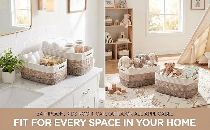 4 sets of hand-woven cotton rope storage boxes, suitable for toys, books, clothes, bathrooms, and car trunks used for organizing and decoration, Two 16x14x7 in and two 14x10x7 in