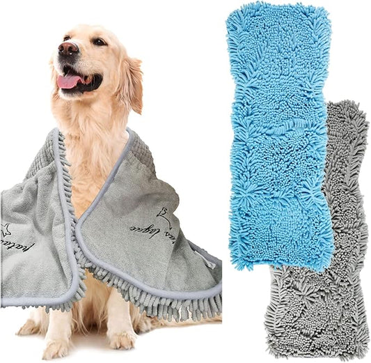 Patas Lague 2 Pack Absorbent Dog Towel for Drying Dogs Large, 35''x15'' Extra Large Microfiber Quick Drying Pet Bath Towel with Hand Pockets, Machine Washable Pet Shammy Grey Blue