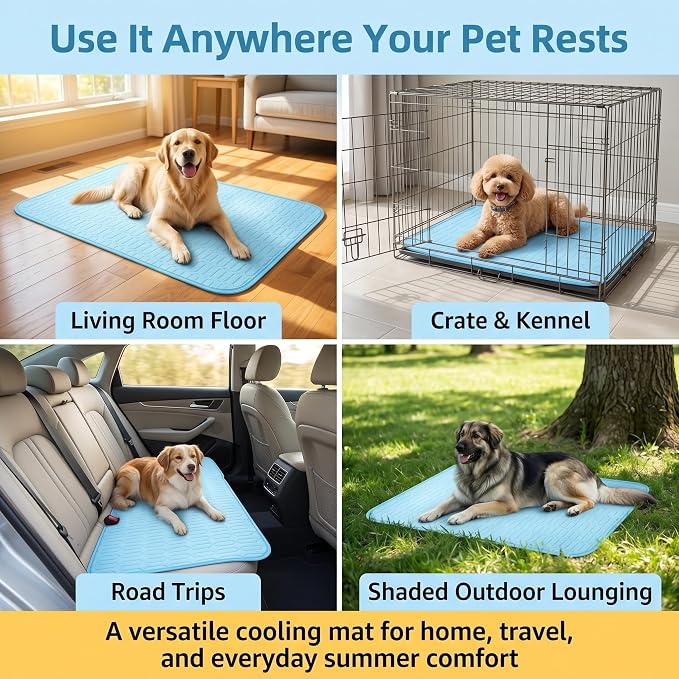 Dog Cooling Mat for Dogs, 40 x 28 in Ice Silk Pet Cooling Pad, Blue | Cool-touch ice silk cooling mat, micro-hole fabric, washable non-slip dog cooling pad for crates, beds, cars, floors