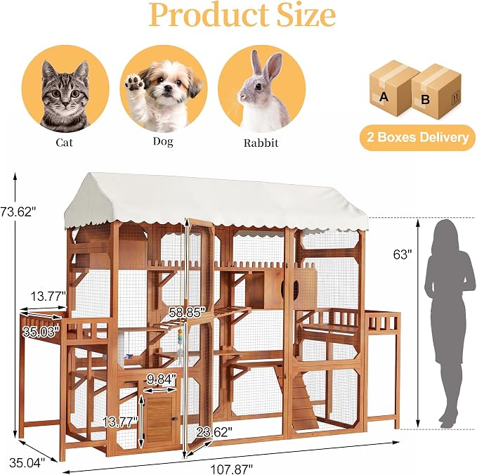 Large Outdoor Cat Enclosure Wooden Catio with Multi-Level Play Platforms, Climbing Ramps, Resting Boxes, Pom-Pom Toys & 2 Plant Stands, Weather-Resistant Roof & Wire Mesh for Backyard Patio, Brown