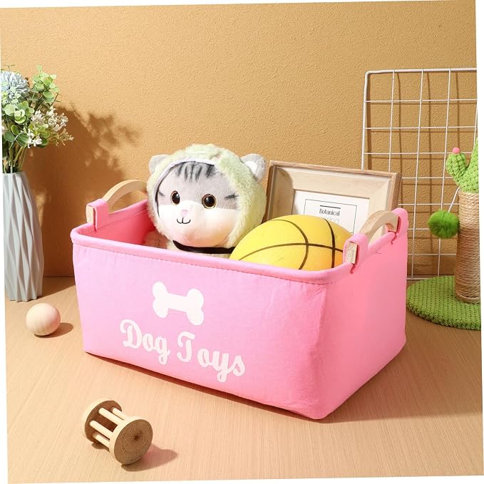 Ipetboom Pink Felt Pet Storage Box with Handles Organizer for Dog Accessories and Items Compact and Portable Basket for Household Use