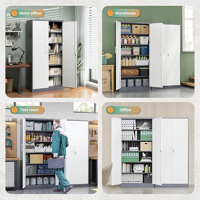Metal Storage Cabinet with Lock Door and 5 Shelves,6 Tier Steel Garage Tool Cabinet for Home Office Utility Room 72" H X 36" W X18 D (White Gray)