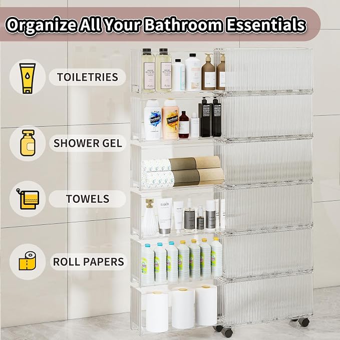 KHNR Slim 6 Tier Bathroom Storage Cabinet with Wheels, Narrow Gap Organizer Shelf, Tower for Shampoo, Towels, Toilet Paper Toiletries, Perfect for Bathroom Corner or Beside Toilet, Clear White