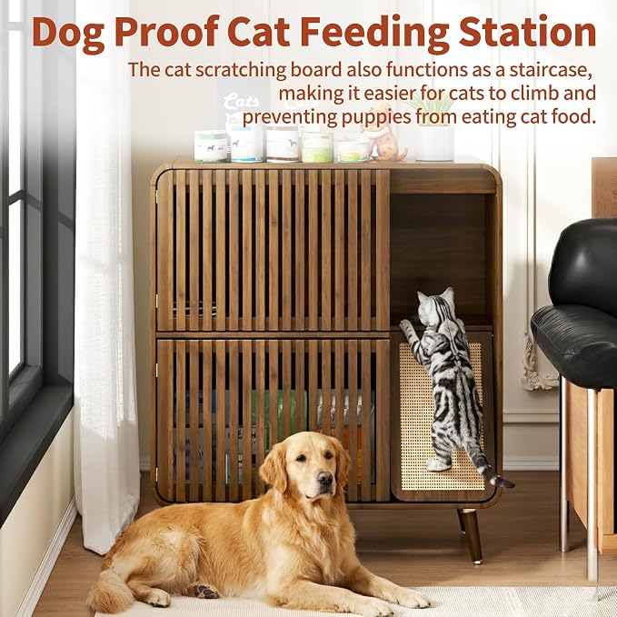 Dog Proof Cat Feeding Station, Cat Feeder Station, Pet Food Storage Walnut | Raised Bowls for Indoor Cats, Elevated Food Bowls with Stand, Cat Scratching Board, 2 Stainless Steel Bowls