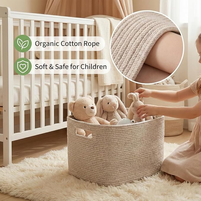 JMvicyroam 65L Large Woven Cotton Rope Blanket Basket, Oatmeal | Blanket Storage for Living Room or Bedroom Use, Freestanding with Reinforced Handles, Entire Basket is Machine Washable
