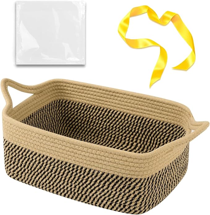 OIAHOMY Woven Basket, Gift Basket Empty with Gift Bags and Ribbons, Rope Baskets for Baby Showers, Storage Baskets with Handles for Nursery, Pet Toy Organizer -Black & Yellow