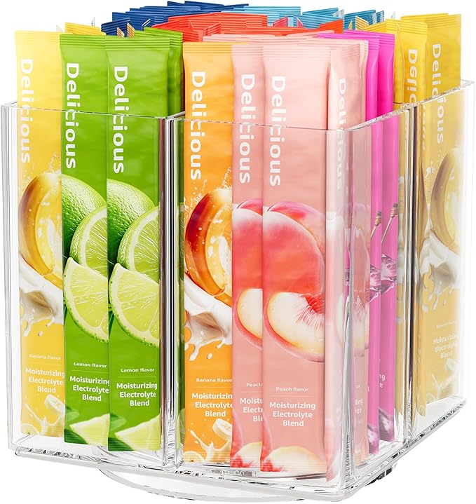 Drink Packet Organizer, Rotating Turntable Organizer with 4 Compartments | Clear Lazy Susan for Powdered Drink Mix, Water Flavor Packets, Coffee, Tea – Space-Saving Countertop Organizer