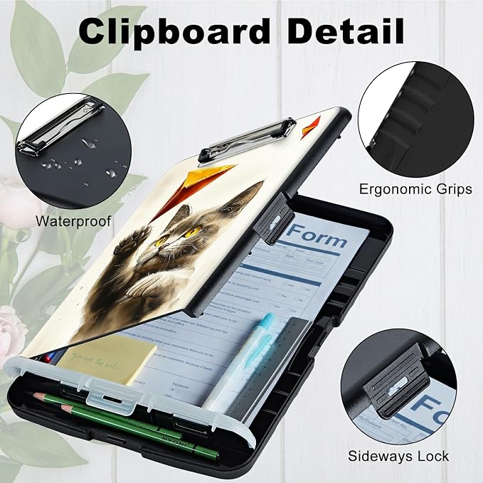 A4 Clipboard with Storage Pen Holder, Clipboards Organizer Nursing Clipboard Foldable File Folder Plastic Clipboard Folio Clip Board for Office Work Classroom Doctor, Gray Cat Painting