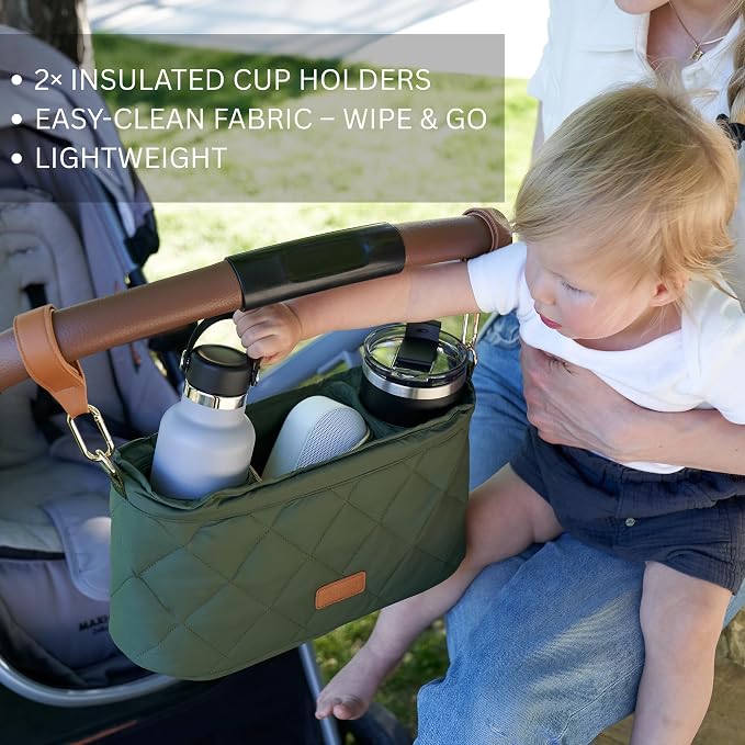 Beautiful Stroller Caddy Organizer With 2 Cup Holders - Zipper Pocket Bag | Luxury Stroller Bag with Universal Fit and Leather Straps - Spacious Accessories Perfectly Fits Doona, Nuna and Uppababy