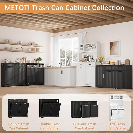 2 X 13 Gallons Double Pull Out Trash Can Cabinet with Storage, Black | 54"W Fluted Kitchen Trash Cabinet with Adjustable Shelf & Drawers, Hidden Pet Proof Trash Can Holder for Laundry Living Room